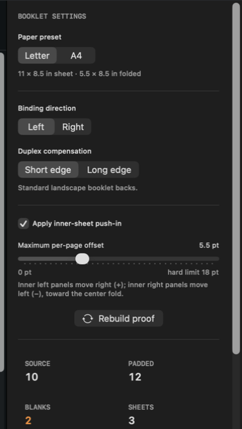 FoldProof settings rail with paper and duplex presets plus an eighteen-point per-page push-in hard limit