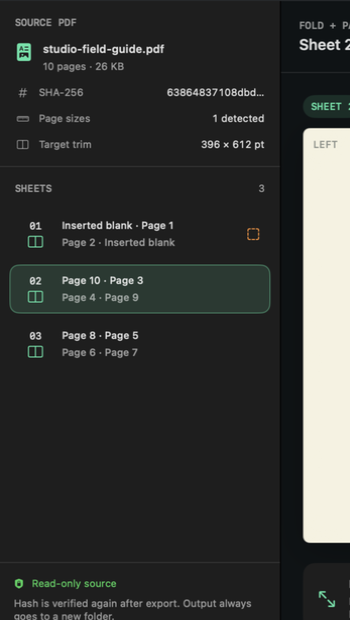 FoldProof sheet rail showing calculated booklet page order and explicit blank pages